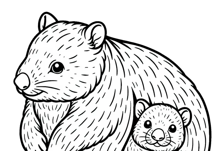 Вомбатенок и мама - Раскраска простая Бесплатно