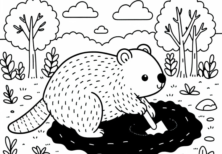 Wombat digs tunnels in the ground with a shovel - coloring page easy free Wombat digs tunnels in the ground with a shovel - coloring page easy free