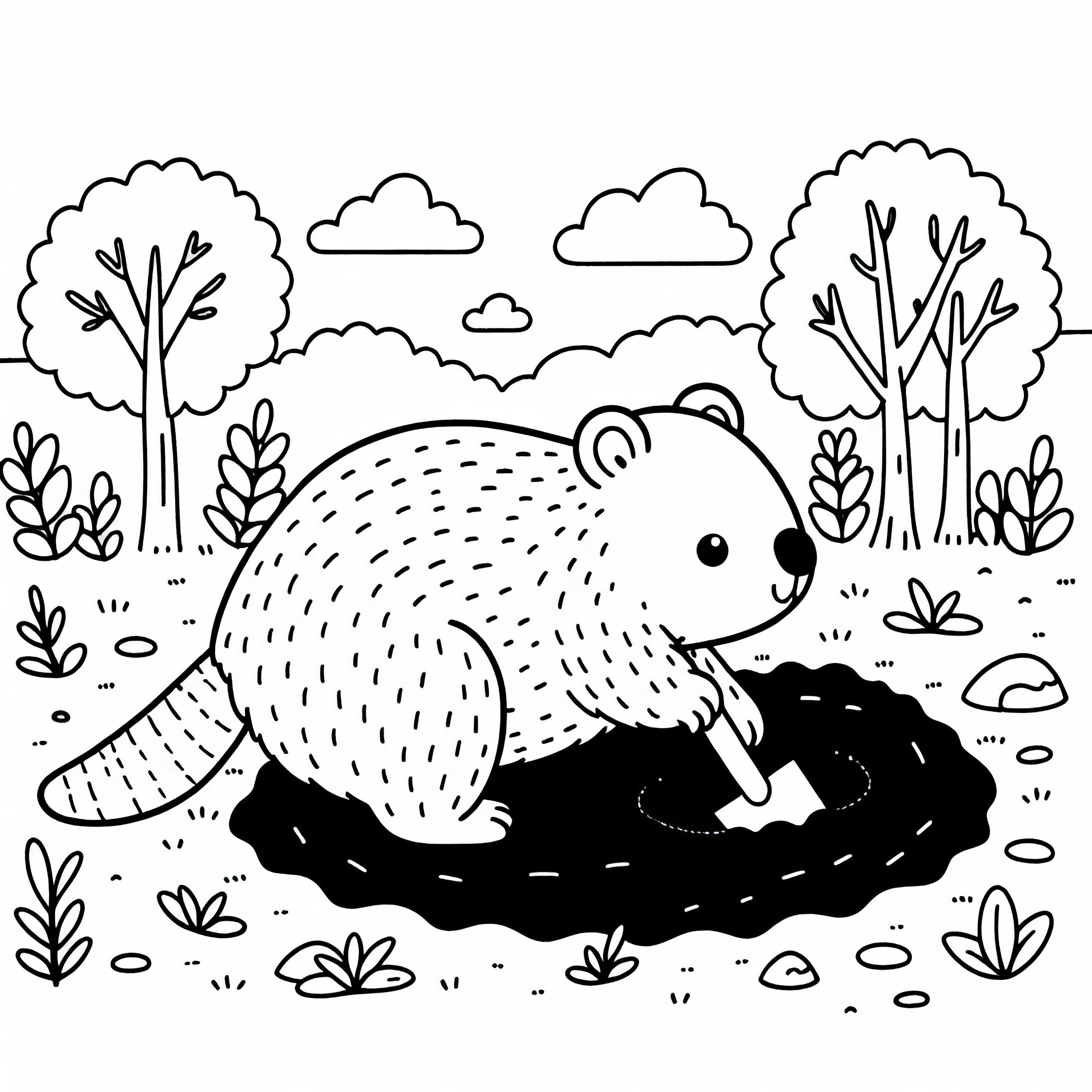 Wombat digs tunnels in the ground with a shovel - Simple free coloring page