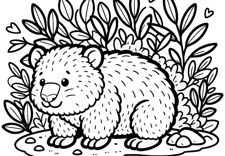 Wombat sits under a bush and curiously looks out - Free coloring page Wombat sits under a bush and curiously looks out - Free coloring page