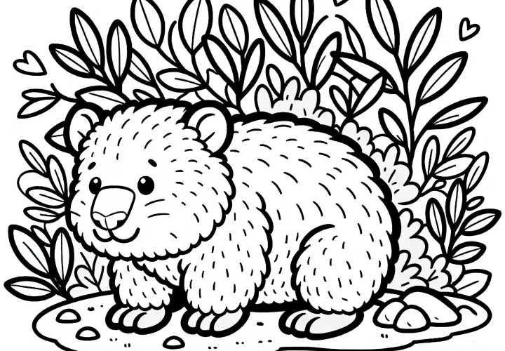 Вомбата сидит под кустом и любопытно выглядывает - бесплатная раскраска