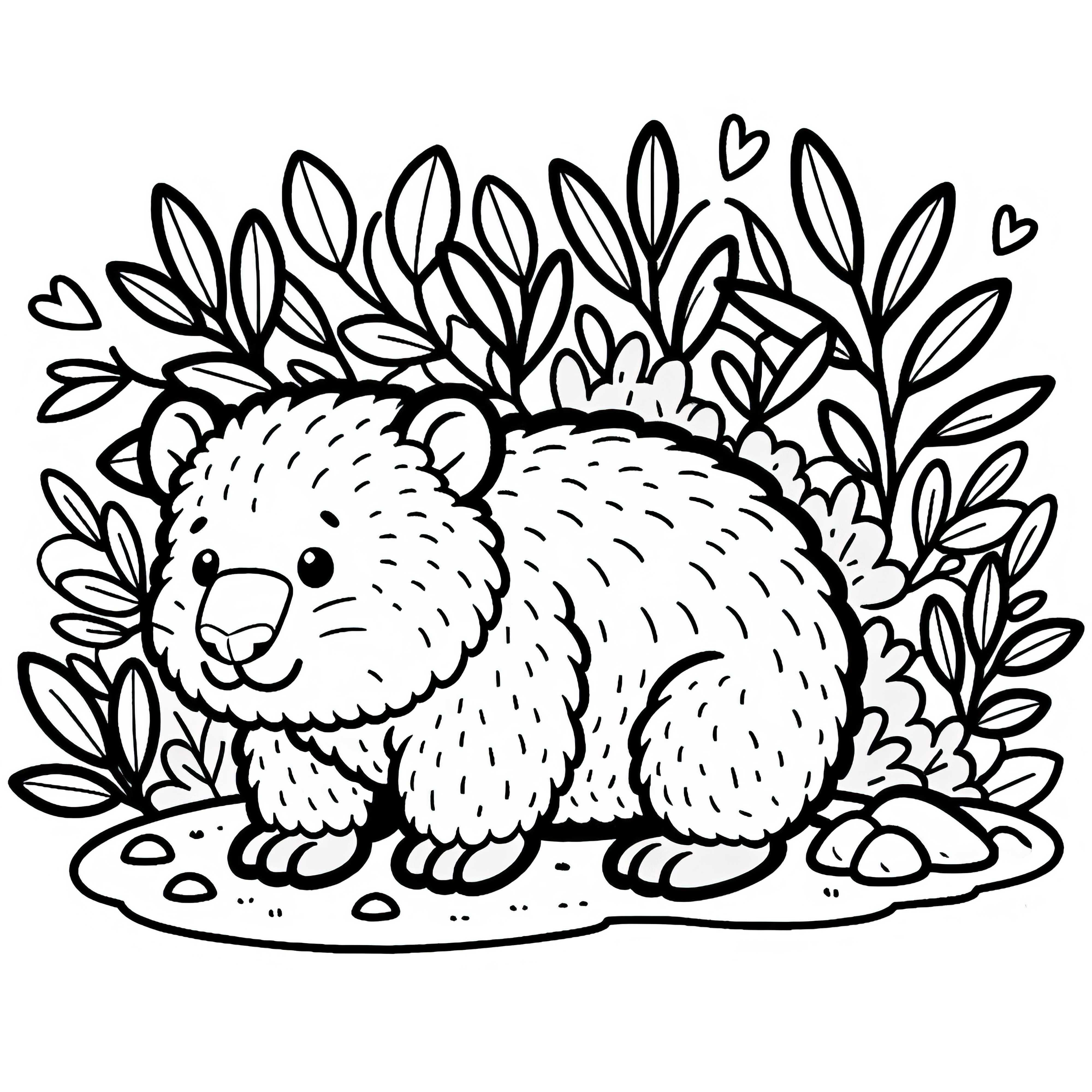 Wombat zit onder de struik en kijkt nieuwsgierig naar buiten - Kleurenplaat gratis Wombat zit onder een struik en kijkt nieuwsgierig naar buiten - Kleurplaat gratis