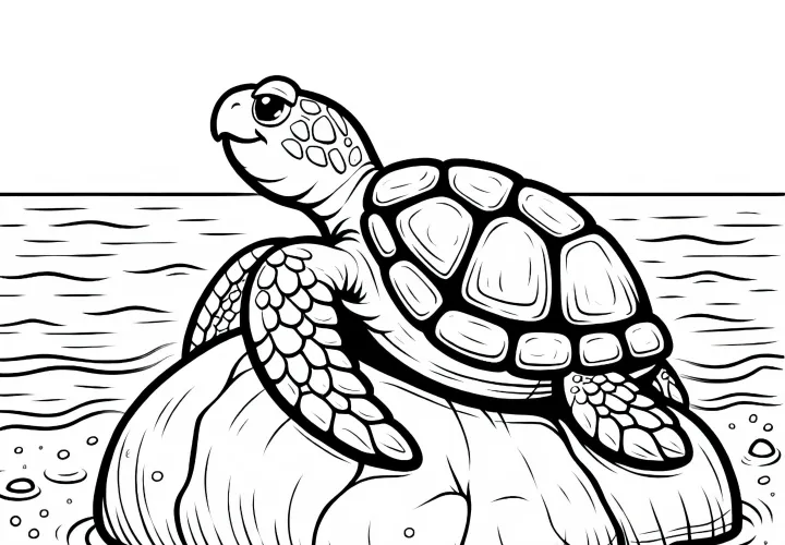 Stará mořská želva se sluní na skalách – omalovánka zdarma