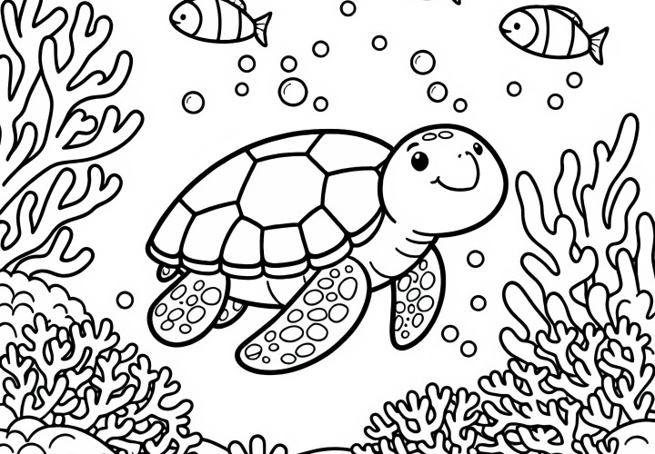 Tortuga se desliza entre corales - Dibujo para colorear gratis La tortuga se desliza entre los corales - Dibujo para colorear gratis