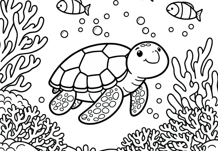 Želva klouže mezi korály – omalovánka zdarma