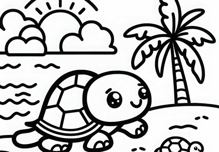 Pequeña tortuga se arrastra sobre la arena caliente - Dibujo para colorear fácil y gratis Pequeña tortuga arrastra sobre la arena caliente - Dibujo para colorear simple gratis