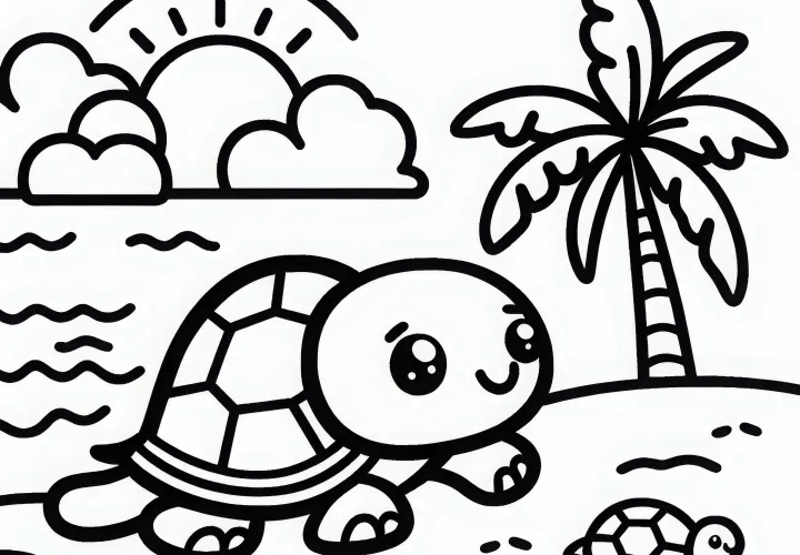 Malá želvička leze po horkém písku – Jednoduchý obrázek k vybarvení zdarma