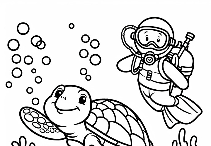 Tortuga nada al lado de un buceador - Dibujo para colorear gratis Tortuga nada junto al buzo - Dibujos para colorear gratis