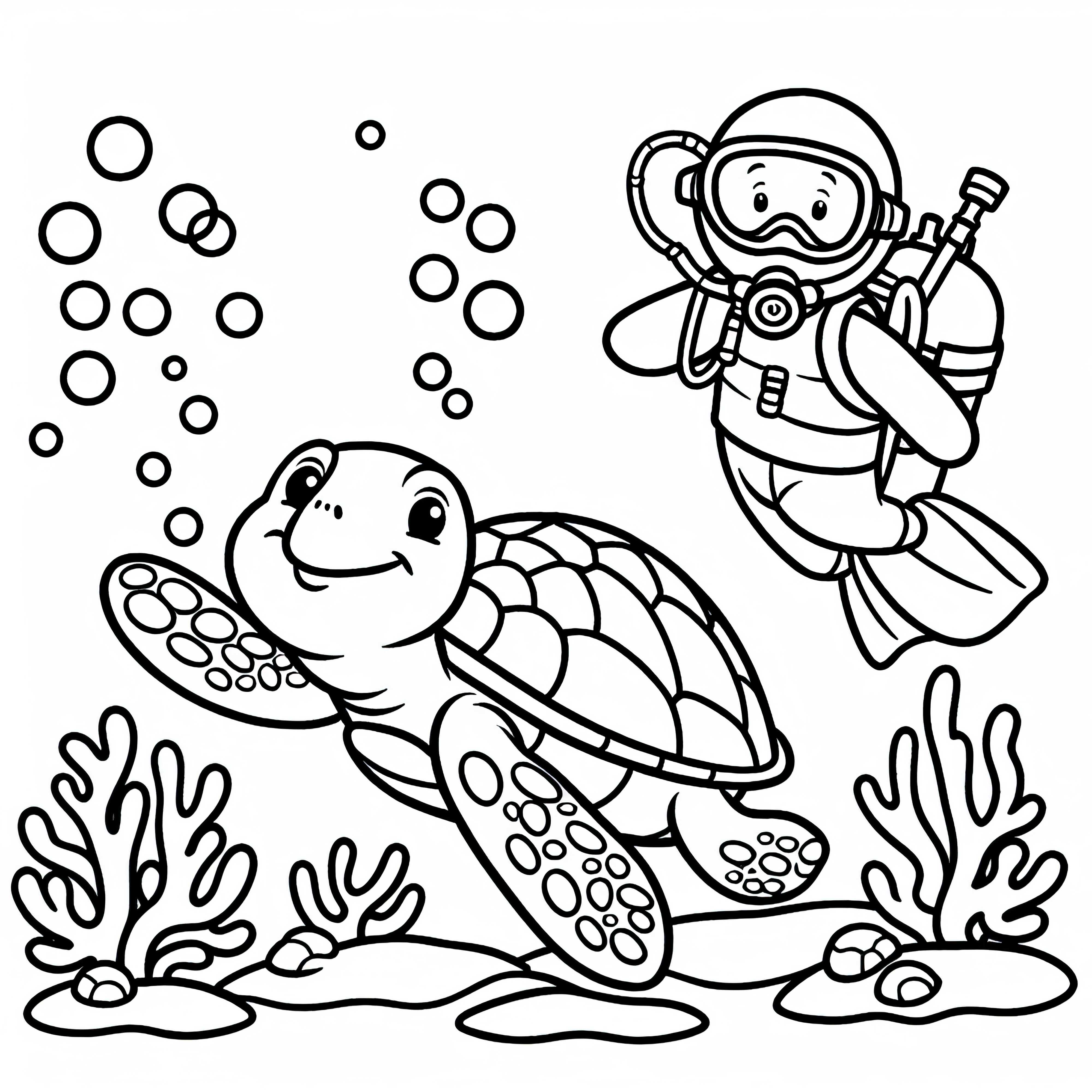 Tortuga nada al lado de un buceador - Dibujo para colorear gratis Tortuga nada al lado del buceador - Imagen para colorear gratis