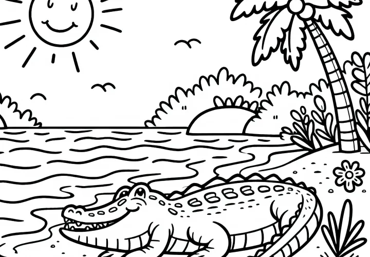Аллигатор загорает на берегу – Бесплатная раскраска