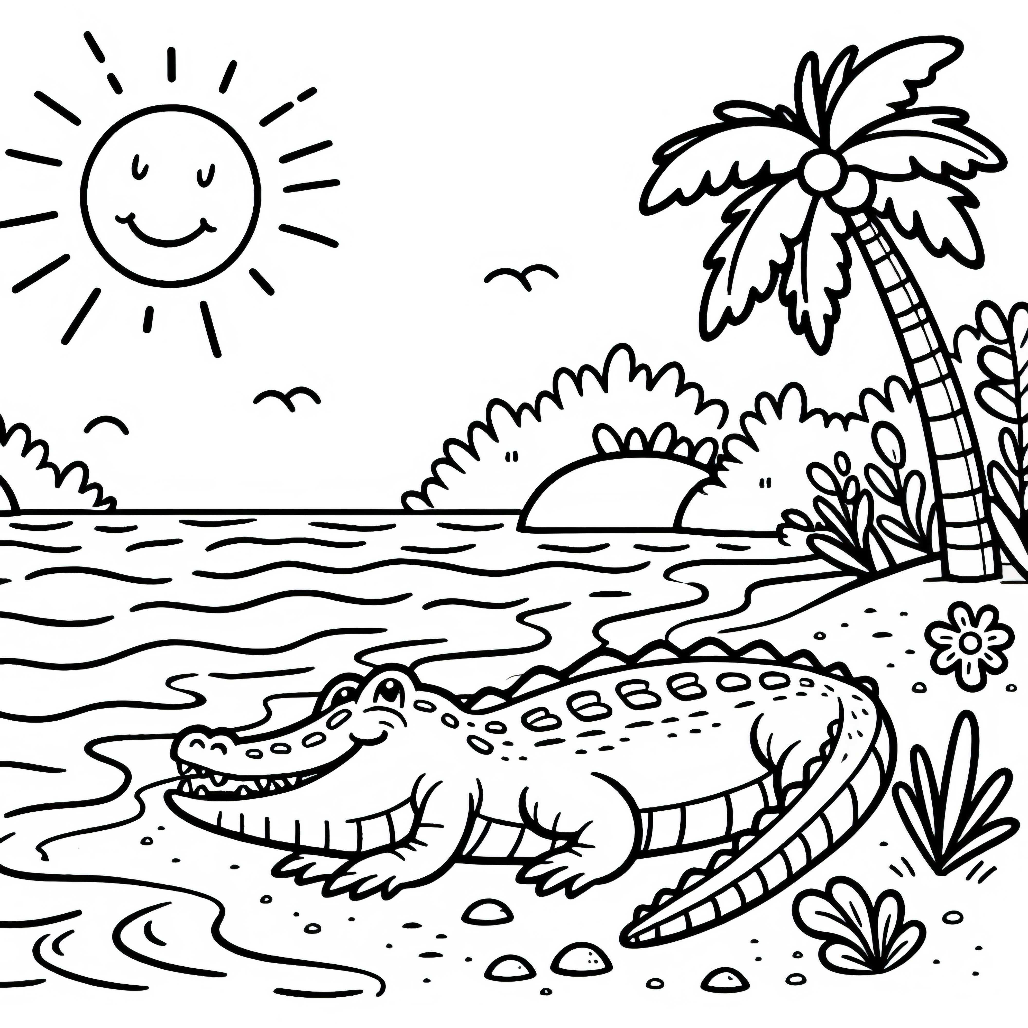 Alligátor napozik a parton – Ingyenes színező kép