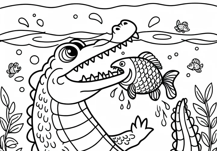 Аллигатор хватается за рыбу в воде – бесплатная раскраска