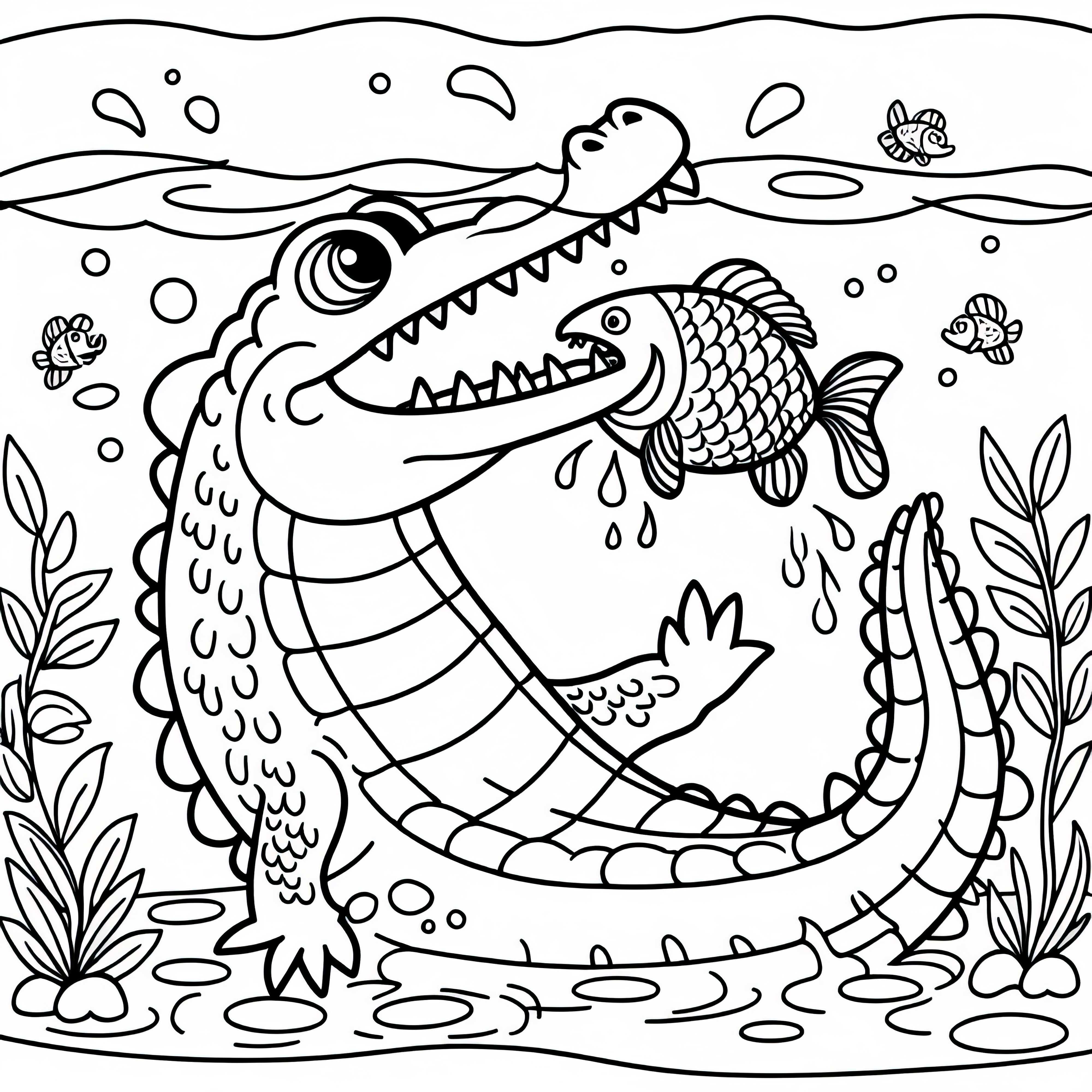 Alligator snaps at fish in the water – Free coloring page Alligator snaps at fish in the water – Free coloring page