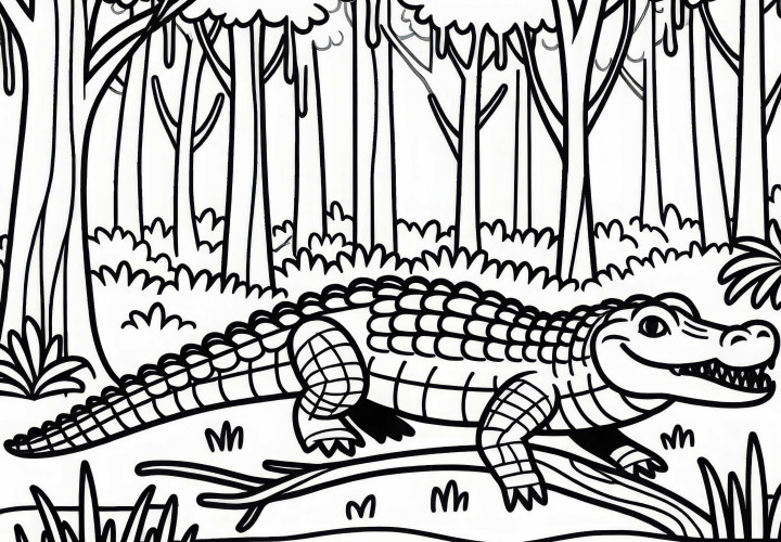 Krokodíl prechádza močiarom – Bezplatný obrázok na vymaľovanie