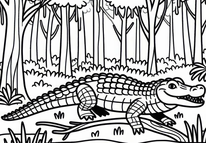 Аллигатор идет по болотистой местности – Бесплатная раскраска