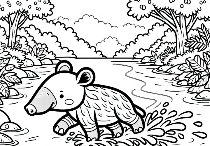 Тапир пересекает мелкую джунглевую реку – Бесплатная раскраска