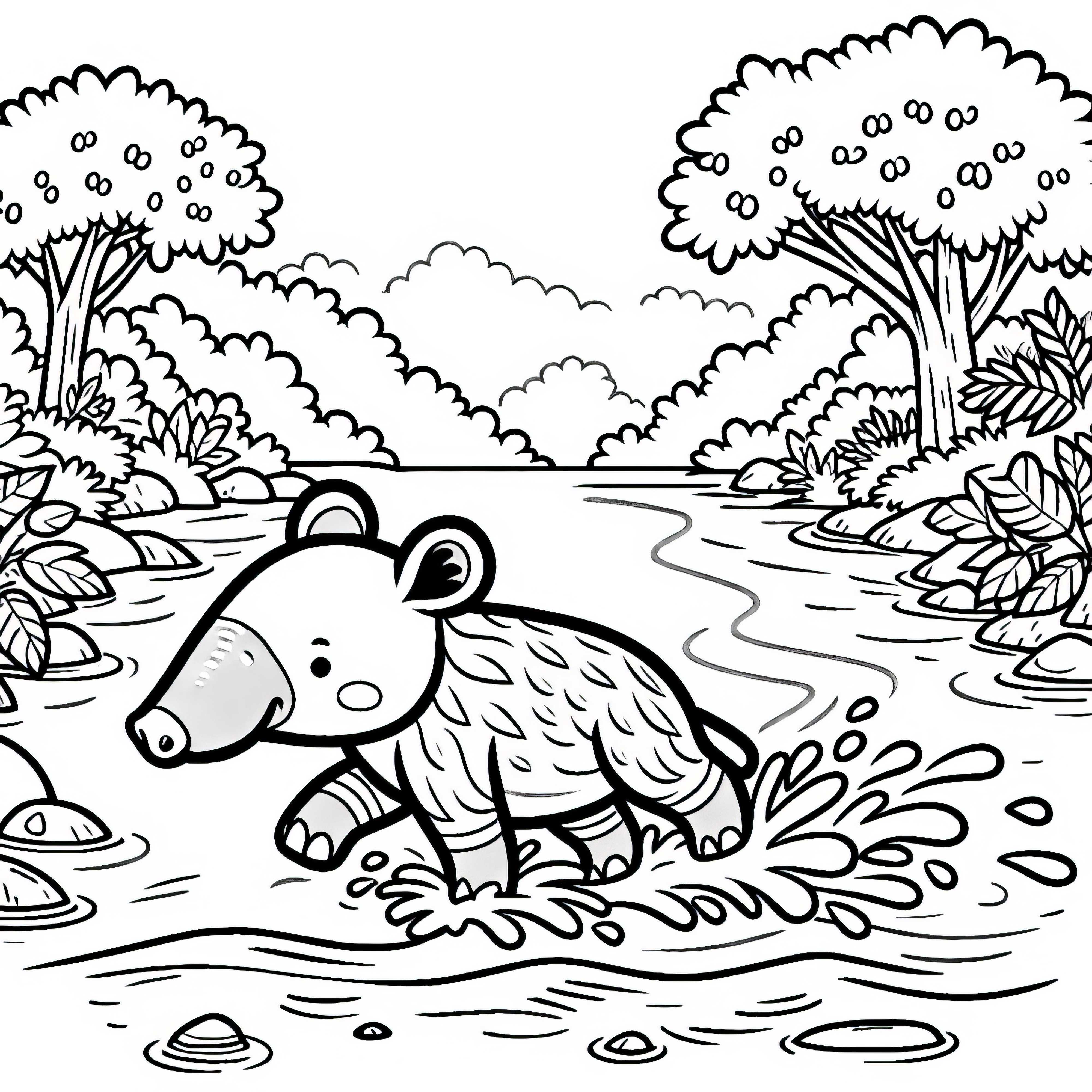 Ein Tapir durchquert einen flachen Dschungelfluss – Ausmalbild kostenlos