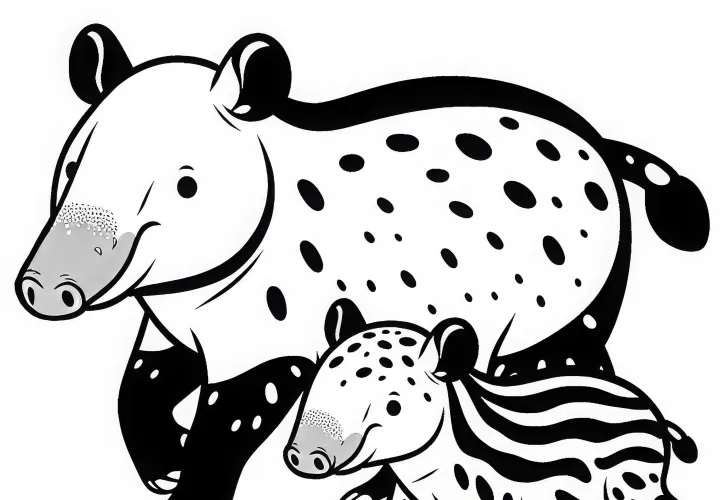 Младенец тапира бегает рядом с матерью – бесплатная раскраска