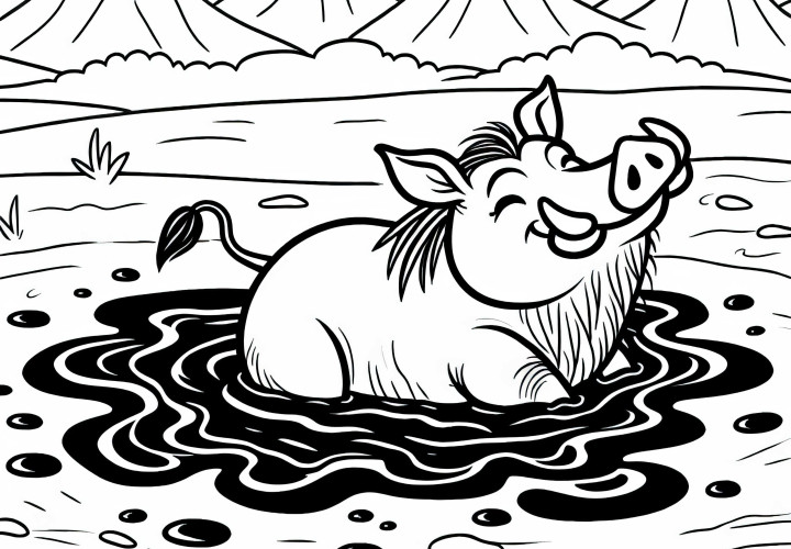 Warzenschwein suhlt sich genüsslich in Schlammpfütze - Ausmalbild gratis Warzenschwein suhlt sich genüsslich in Schlammpfütze - Ausmalbild gratis
