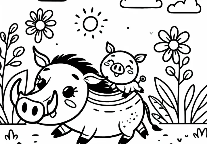 Младенец бородавочника с матерью - бесплатный раскраска