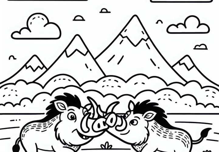 Два бородавочника игриво сражаются своими шкурами - Бесплатная раскраска