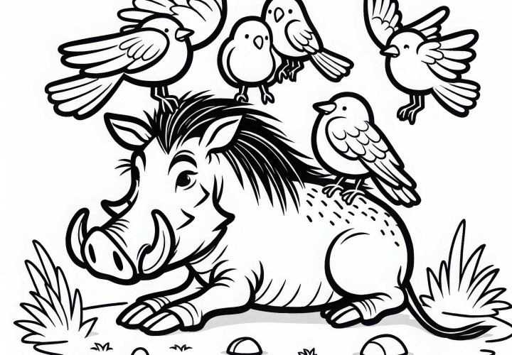 Warzenschwein wird von Vögeln gereinigt – Malvorlage gratis Warzenschwein wird von Vögeln gereinigt – Malvorlage gratis