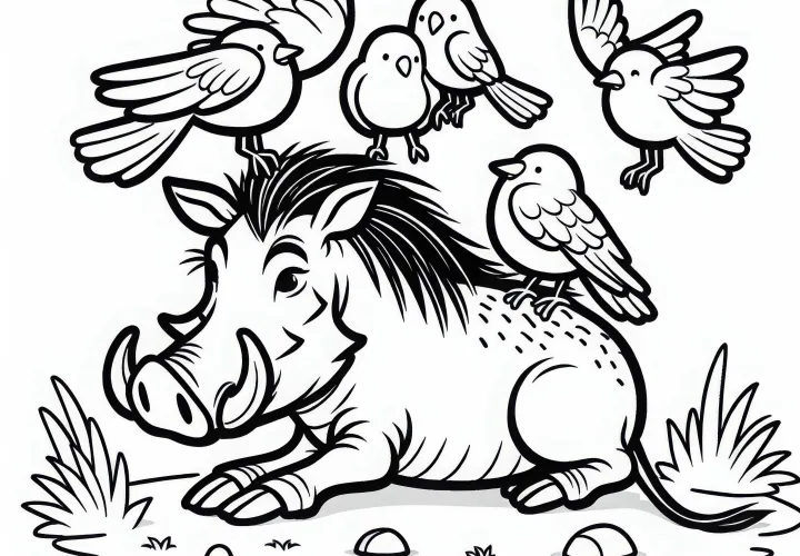 Бородавочник очищается птицами – Бесплатный раскраска