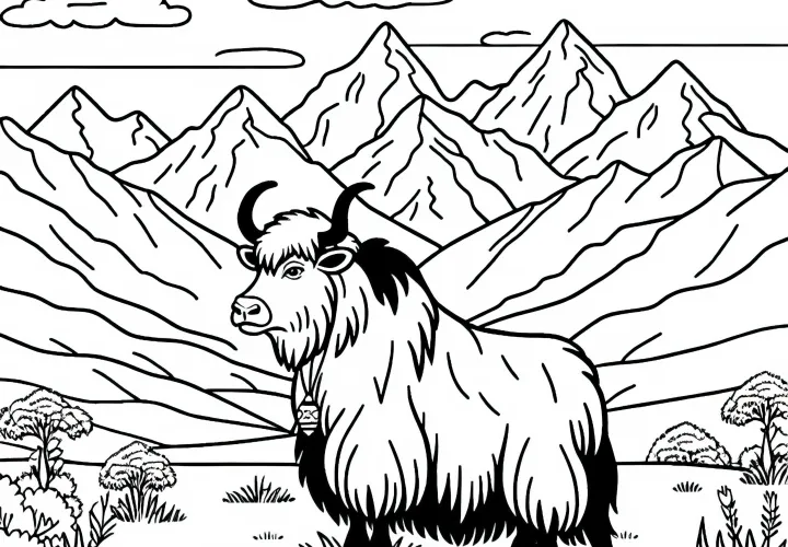 Королевский як на горном лугу с вершиной на заднем плане – Раскраска бесплатно