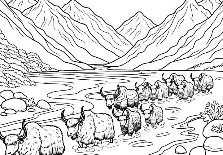 Яхерде пересекает горную реку – бесплатный шаблон для раскрашивания