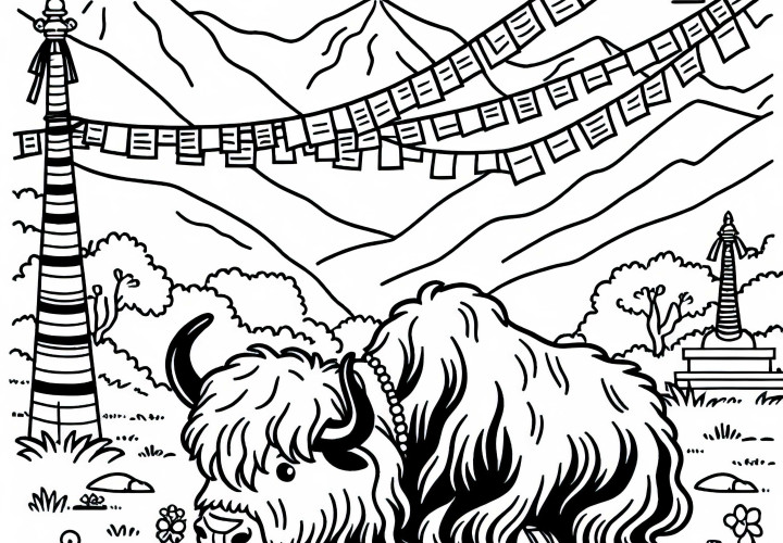 Yak grast friedlich unter Gebetsfahnen in Tibet – Malvorlage gratis Yak grast friedlich unter Gebetsfahnen in Tibet – Malvorlage gratis