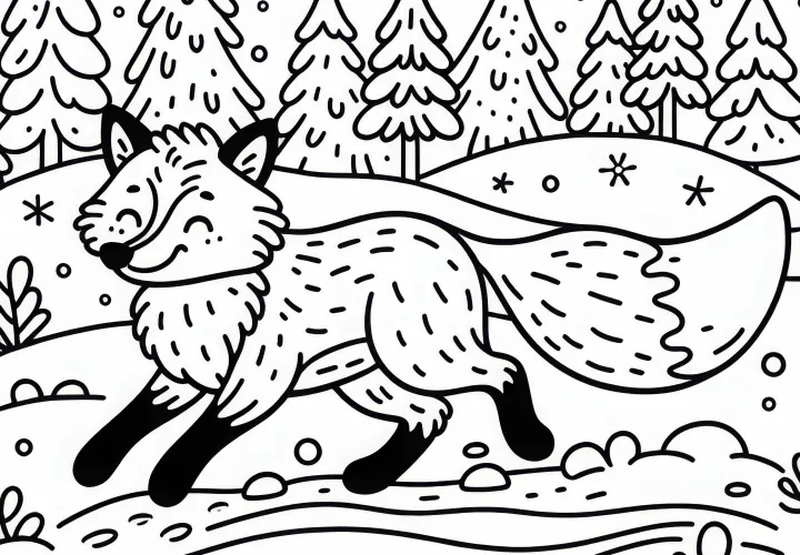 Vörös róka fut a havazott tájon – Ingyenes színezőlap