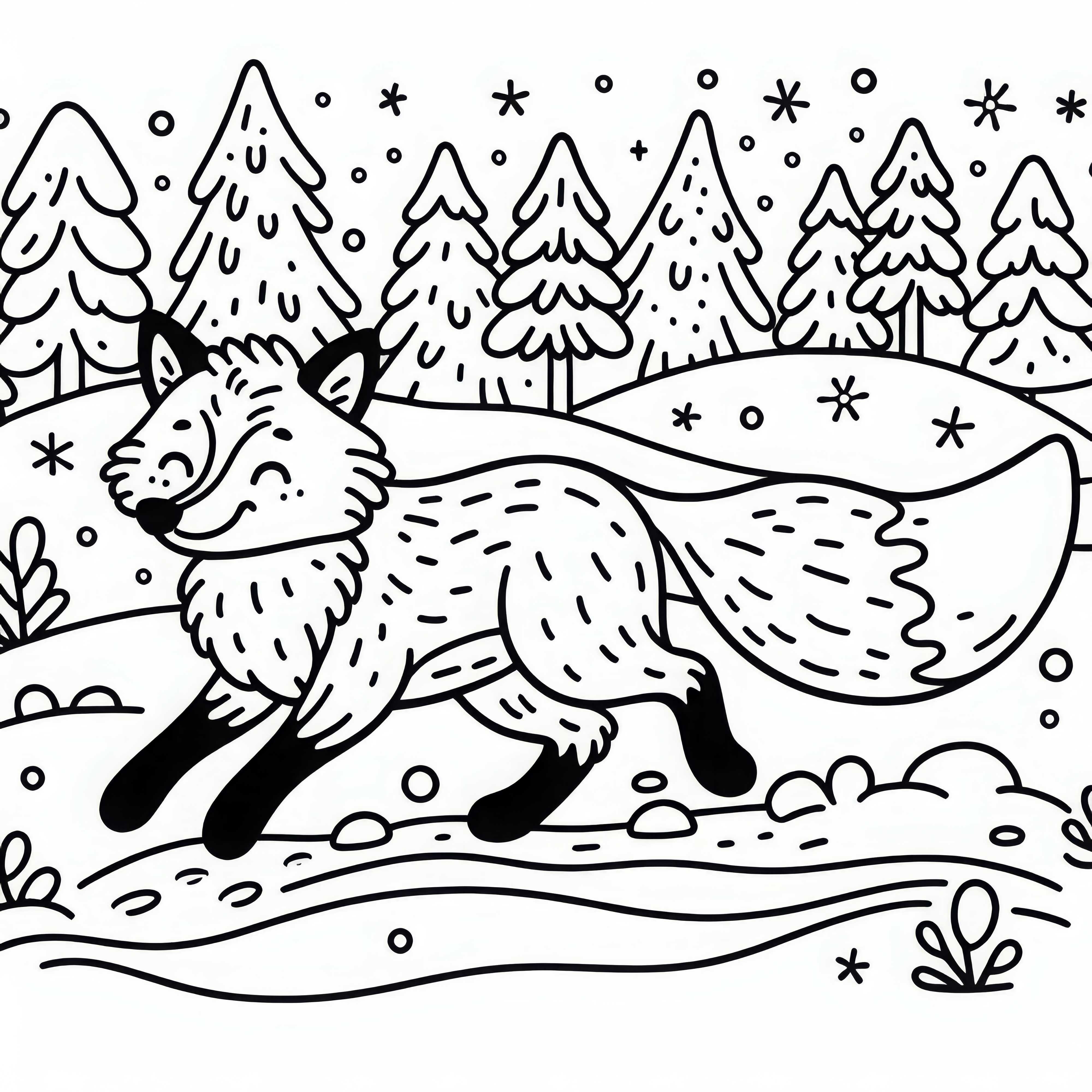 Rotfuchs läuft durch verschneite Landschaft – Ausmalbild kostenlos