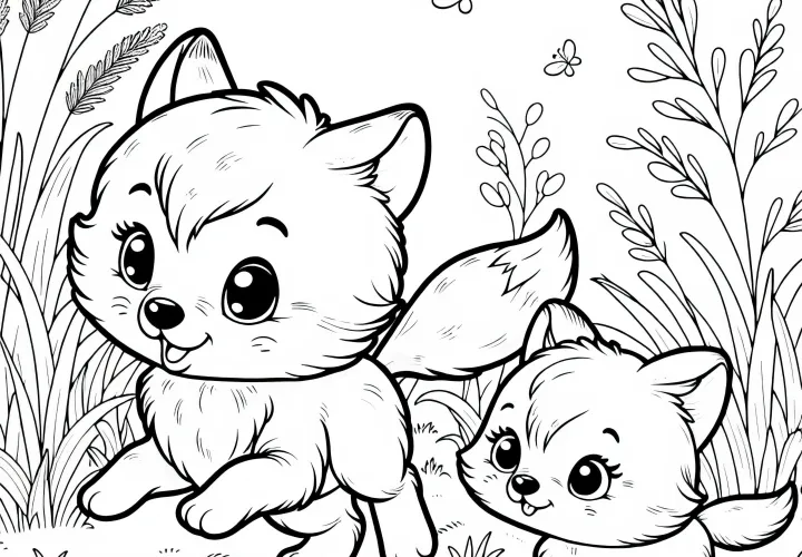 Vörös rókakölyök játszik a testvérével a magas fűben - Ingyenes színező kép