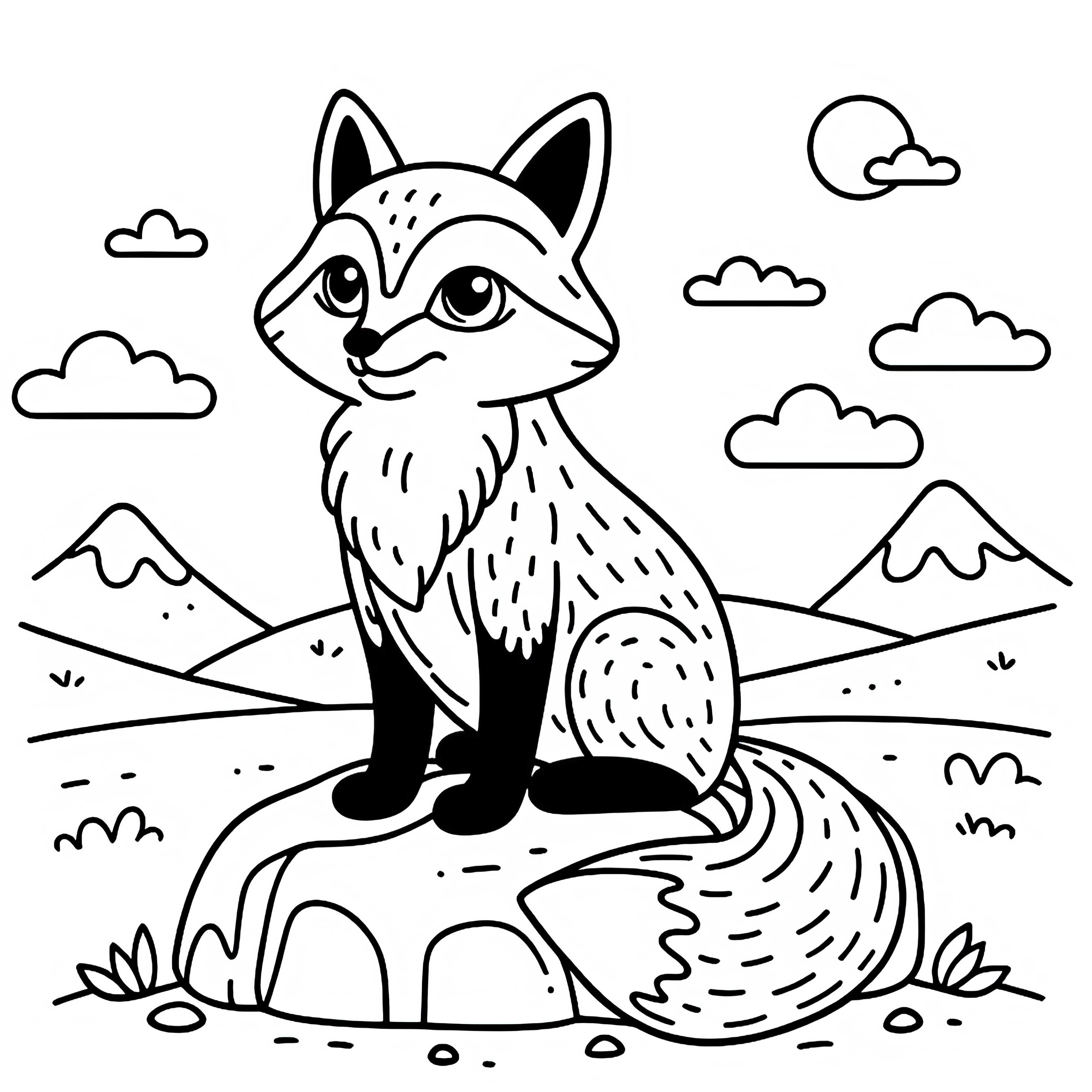 Rotfuchs sitzt aufmerksam auf Felsen und beobachtet die Umgebung – Malvorlage kostenlos