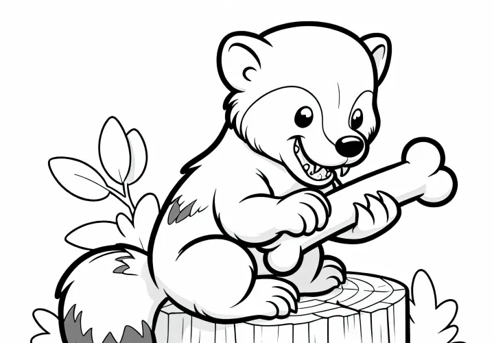 A pocok a faágon ül és csontot ropogtat - ingyenes színező oldal