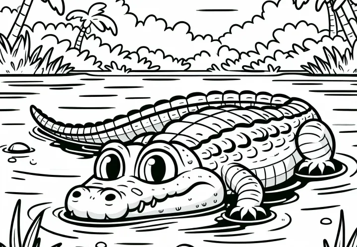 Кайман неподвижно лежит в болоте – раскраска бесплатно