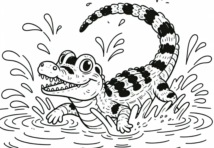 Кайман хлестает водой своим хвостом – Бесплатная раскраска