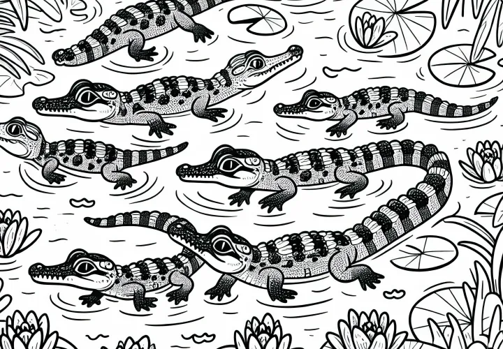 Группа мелких кайманов плавает среди водяных лилий – раскраска бесплатно