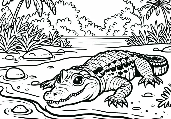 Кайман на берегу - бесплатная раскраска