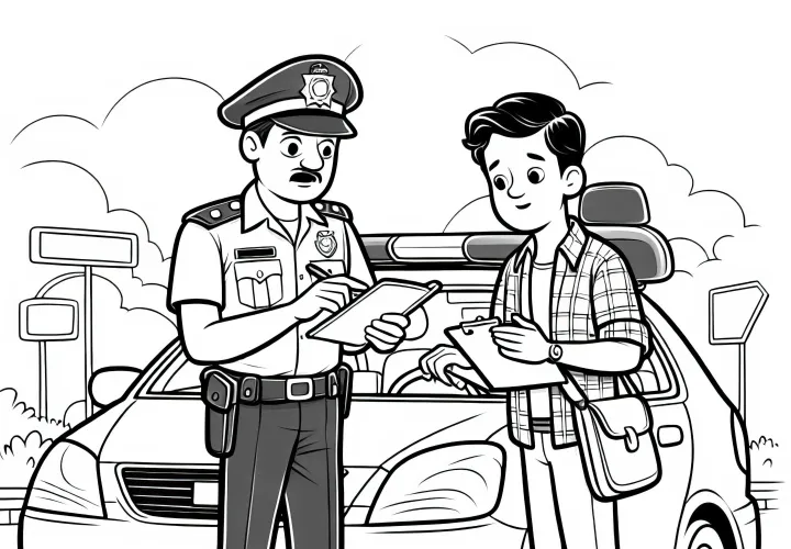 警察官が交通検問でドライバーの書類を確認している - 無料の塗り絵