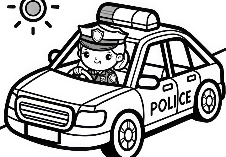 Polizistin im Streifenwagen mit Blaulicht – Ausmalbild einfach kostenlos Polizistin im Streifenwagen mit Blaulicht – Ausmalbild einfach kostenlos