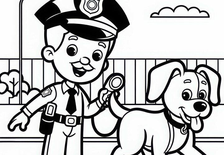 Polizist mit Polizeihund auf Patrouille – Malvorlage einfach kostenlos Polizist mit Polizeihund auf Patrouille – Malvorlage einfach kostenlos