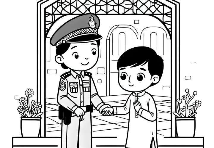警察官が迷子になった子供を助ける - 無料で簡単な塗り絵テンプレート