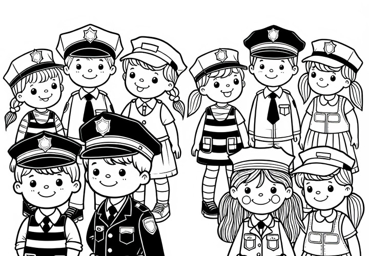 Kinder, die sich als Polizisten verkleiden – Malvorlage gratis Kinder, die sich als Polizisten verkleiden – Malvorlage gratis