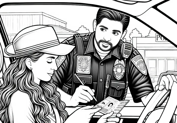 警察官が交通検問で運転手の書類を確認している – 無料の塗り絵