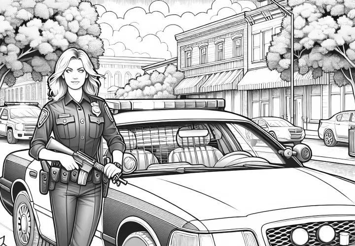 パトカーを持つ女性警官 - 詳細な塗り絵と無料
