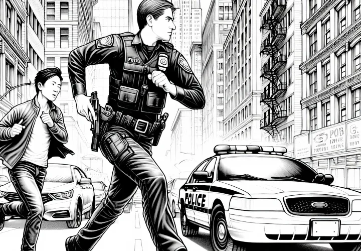 都市を徒歩で追跡する警察官 - 無料で詳細な塗り絵