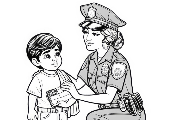Polizistin hilft Kind, das sich verirrt hat – Ausmalbild gratis Polizistin hilft Kind, das sich verirrt hat – Ausmalbild gratis
