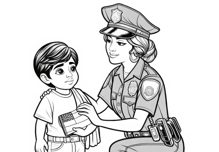 警察官が迷子になった子供を助ける - 無料の塗り絵