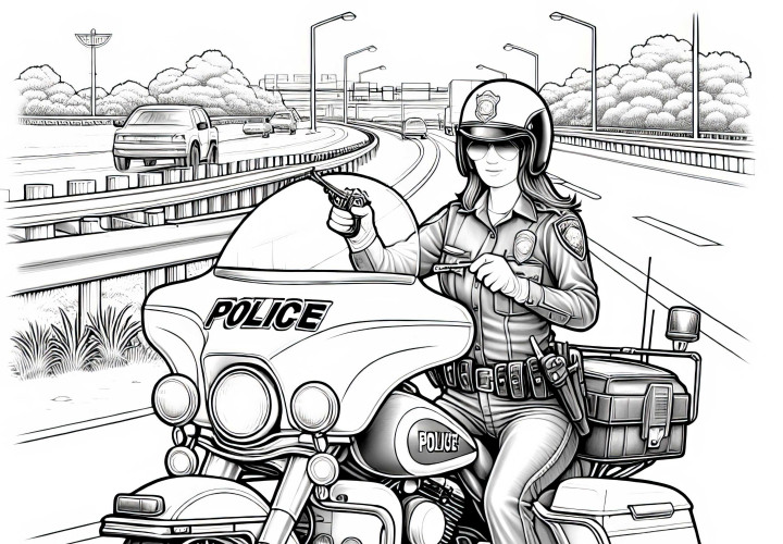 Polizistin auf Motorrad - Detailreiches Ausmalbild zum Gratis-Download Polizistin auf Motorrad - Detailreiches Ausmalbild zum Gratis-Download